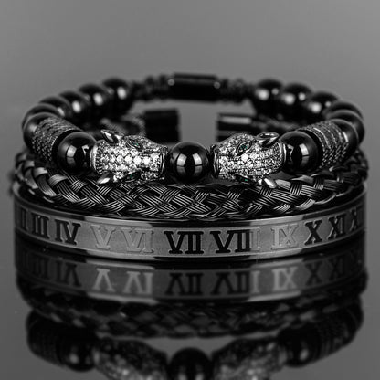 💎 Dual Leopard Head & Roman Bangle Set