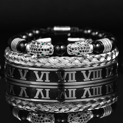 💎 Dual Leopard Head & Roman Bangle Set