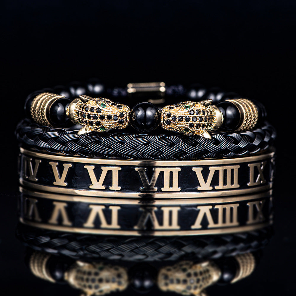 💎 Dual Leopard Head & Roman Bangle Set