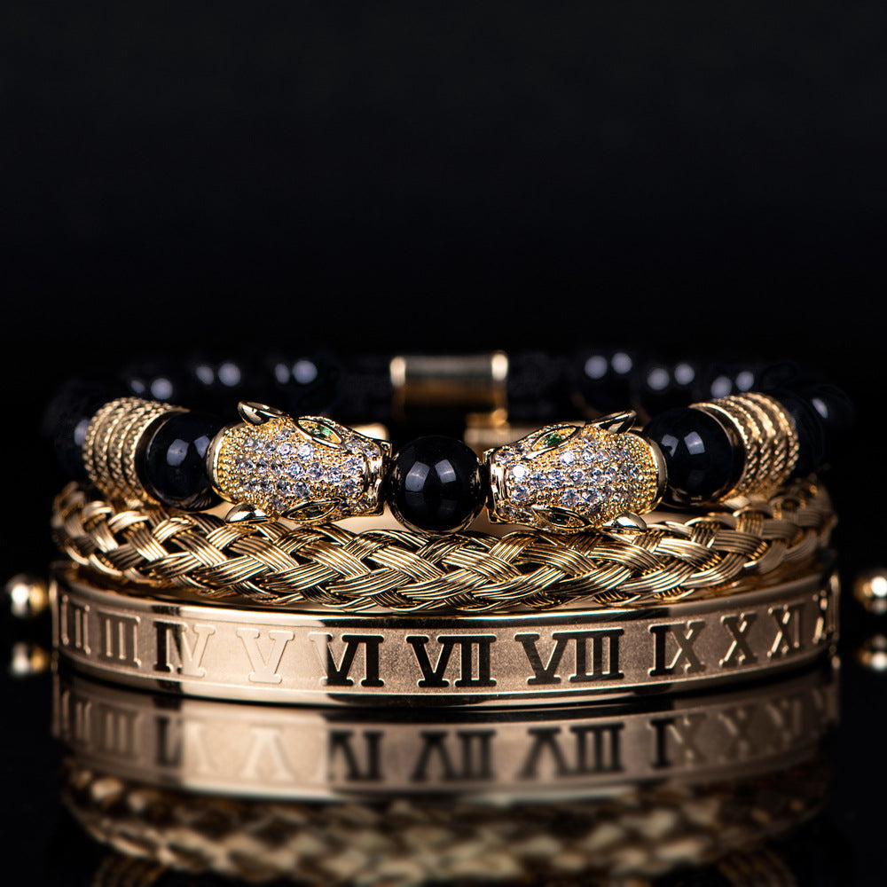 💎 Dual Leopard Head & Roman Bangle Set