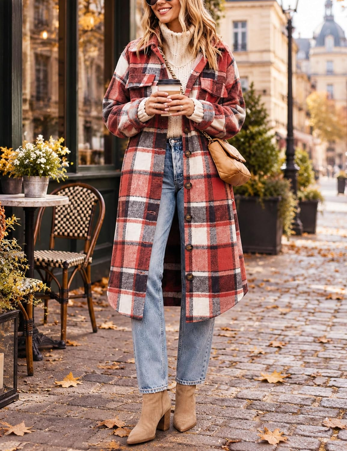 Women Oversized Plaid Shacket Long Fall Flannel Shirt Jacket