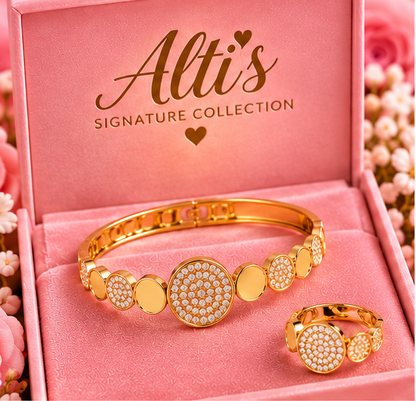 Alti’s Golden Circle bracelet and ring styled image 1