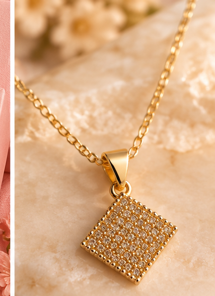 Alti’s Golden Sparkle Earrings & Pendant Set styled image 3; chain for styling only, not included