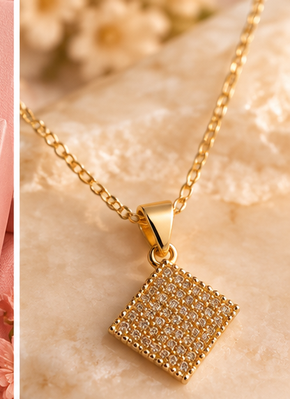 Alti’s Golden Sparkle Earrings & Pendant Set styled image 3; chain for styling only, not included