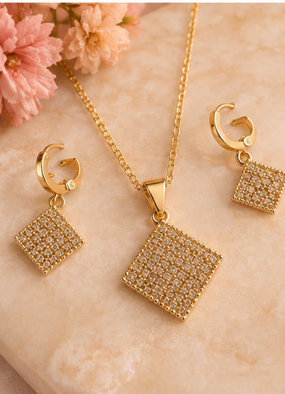 Alti’s Golden Sparkle Earrings & Pendant Set styled image 5; chain for styling only, not included