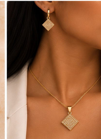 Alti’s Golden Sparkle Earrings & Pendant Set styled image 6; chain for styling only, not included