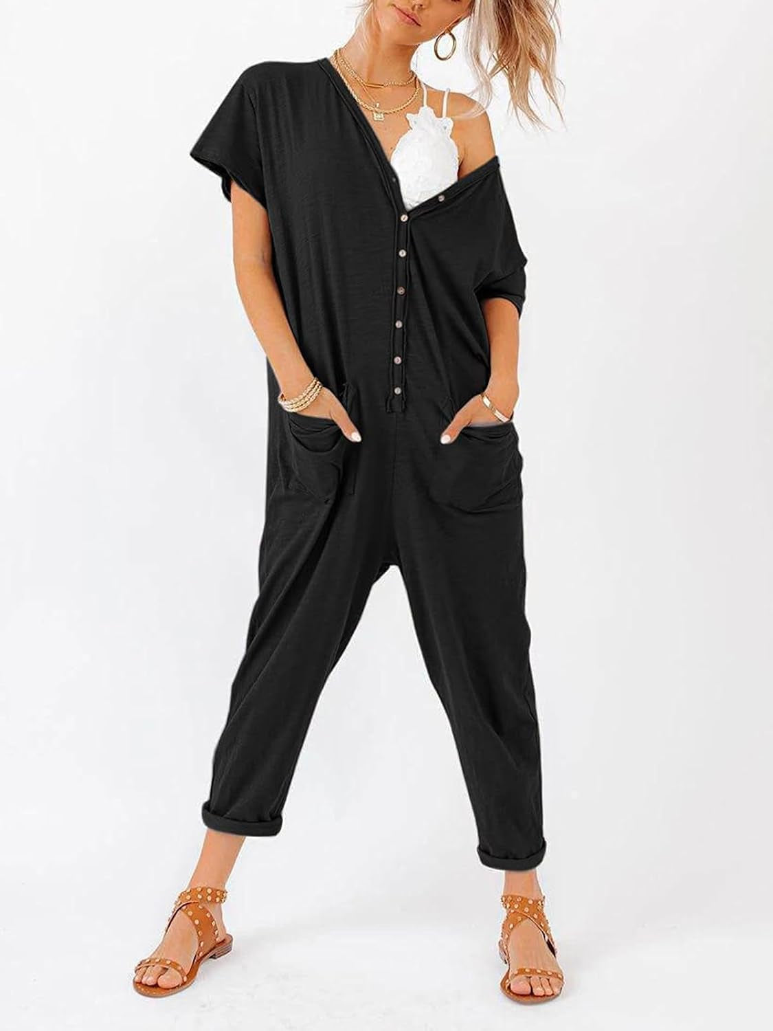 Oversize Women'S One Piece Button up Jumpsuit Casual Loose Short Sleeve V Neck Long Pants Rompers