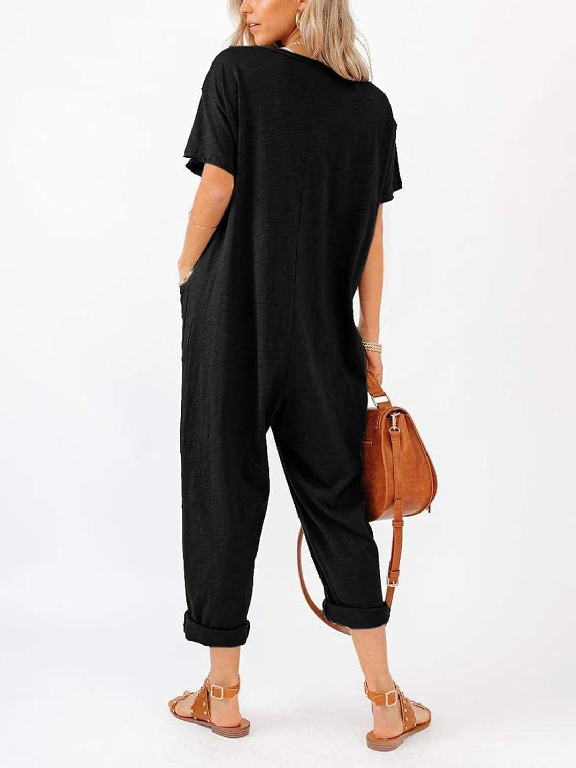 Oversize Women'S One Piece Button up Jumpsuit Casual Loose Short Sleeve V Neck Long Pants Rompers