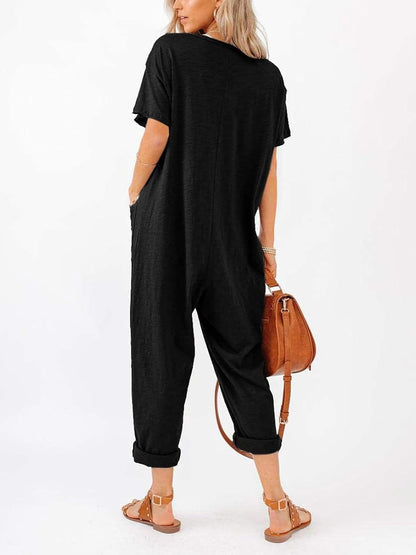 Oversize Women'S One Piece Button up Jumpsuit Casual Loose Short Sleeve V Neck Long Pants Rompers