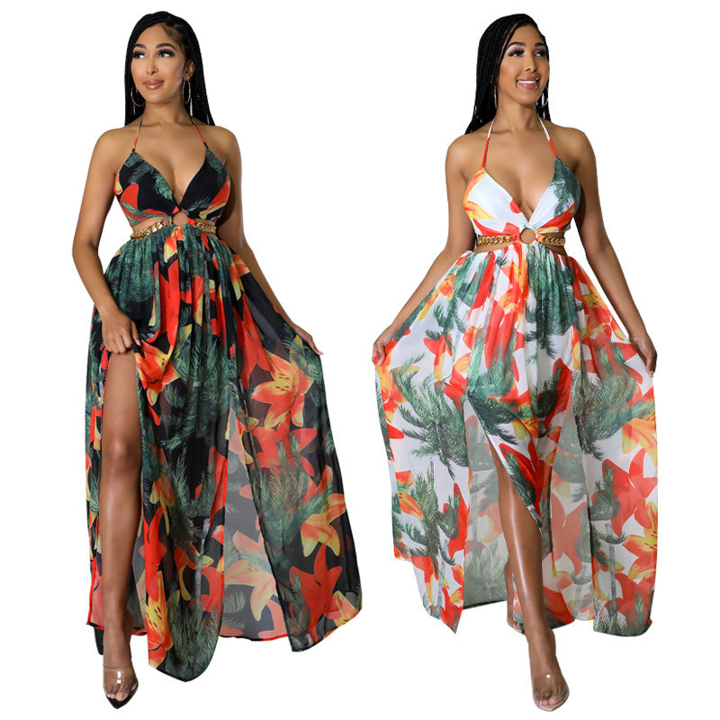 💎 Tropical Bloom Halter Maxi Dress