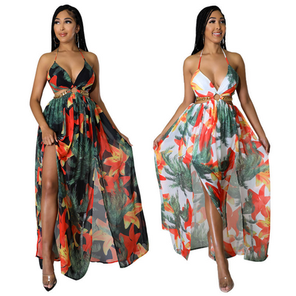 💎 Tropical Bloom Halter Maxi Dress