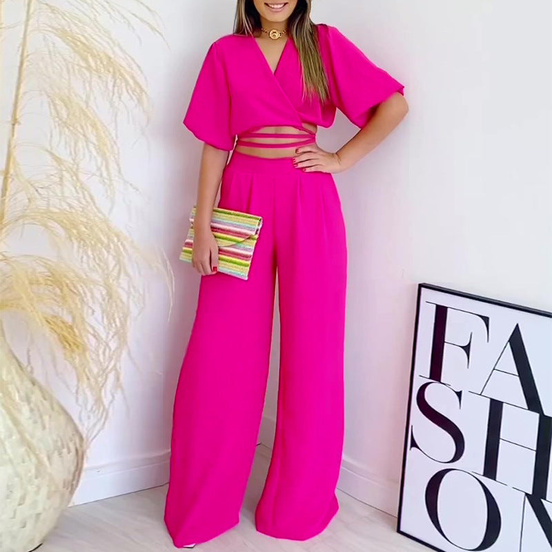 💎 Chic V-Neck Wrap Top & Wide-Leg Pants Set