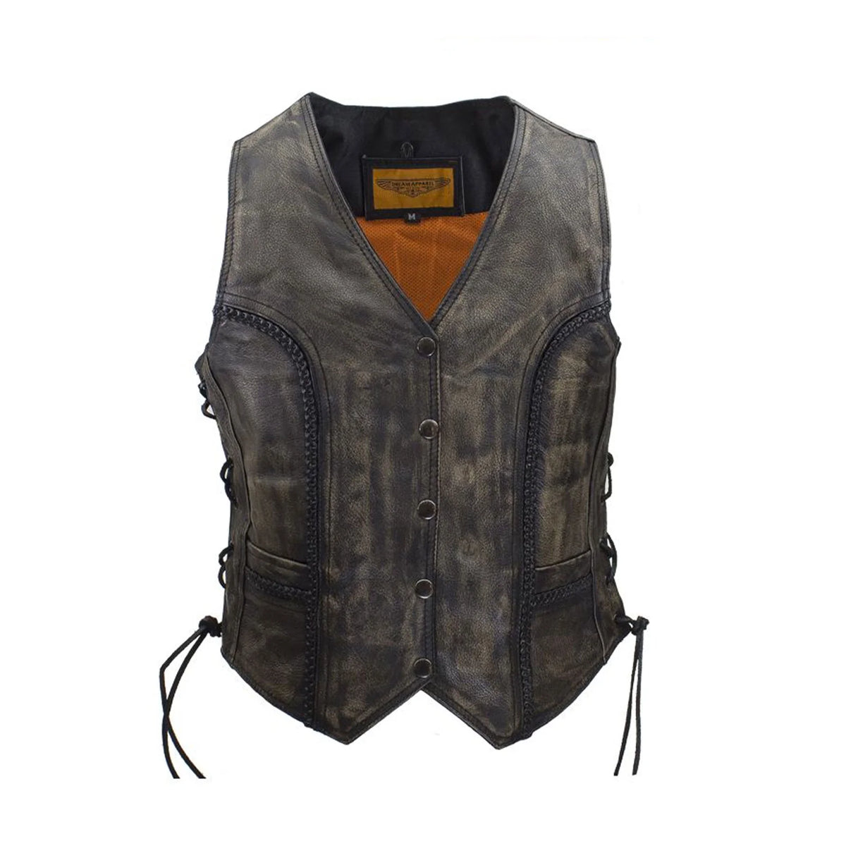 Womens Motorcycle Vest Black Genuine Leather Vests for Ladies Biker Riding Slim Vest with Braid and Side Laces