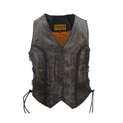 Womens Motorcycle Vest Black Genuine Leather Vests for Ladies Biker Riding Slim Vest with Braid and Side Laces