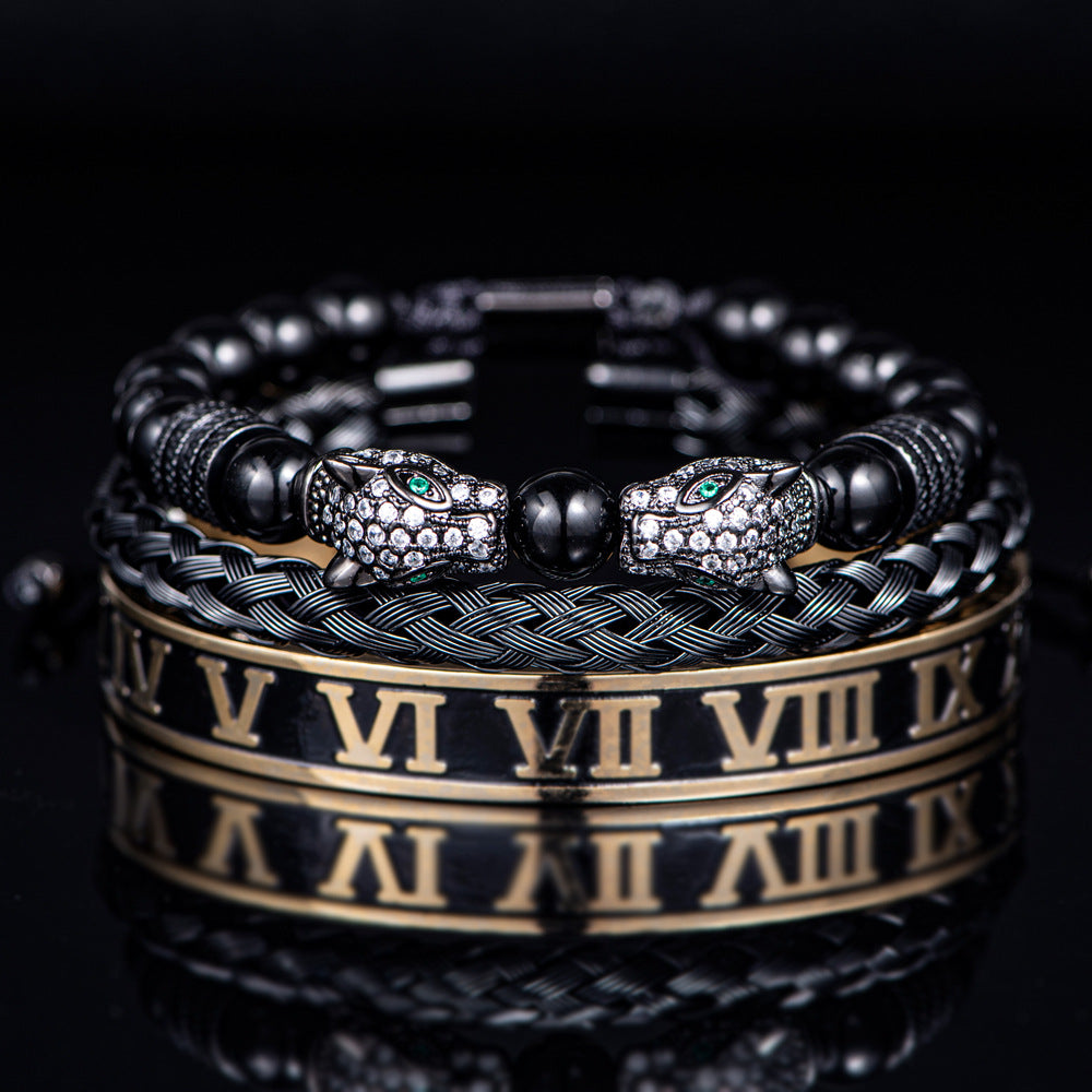 💎 Dual Leopard Head & Roman Bangle Set