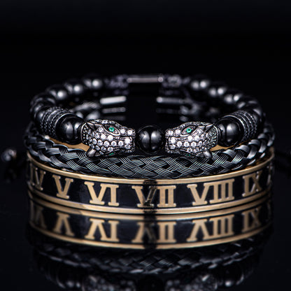 💎 Dual Leopard Head & Roman Bangle Set