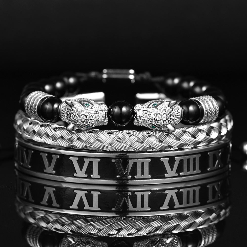 💎 Dual Leopard Head & Roman Bangle Set