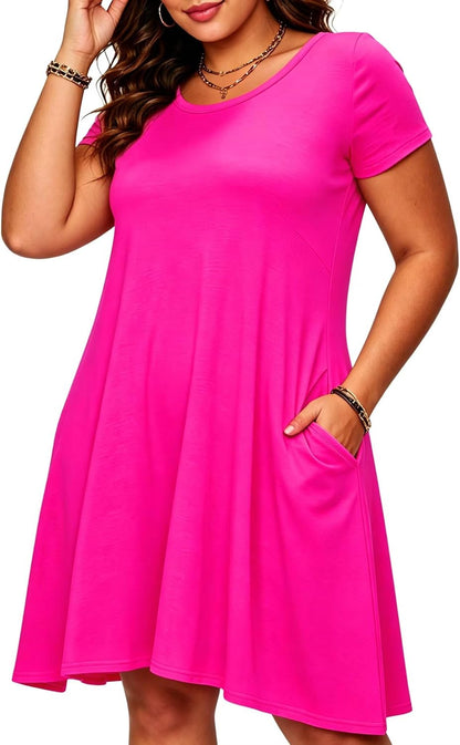 Womens Short Sleeve Loose Pockets Dress Casual Swing T-Shirt Dresses
