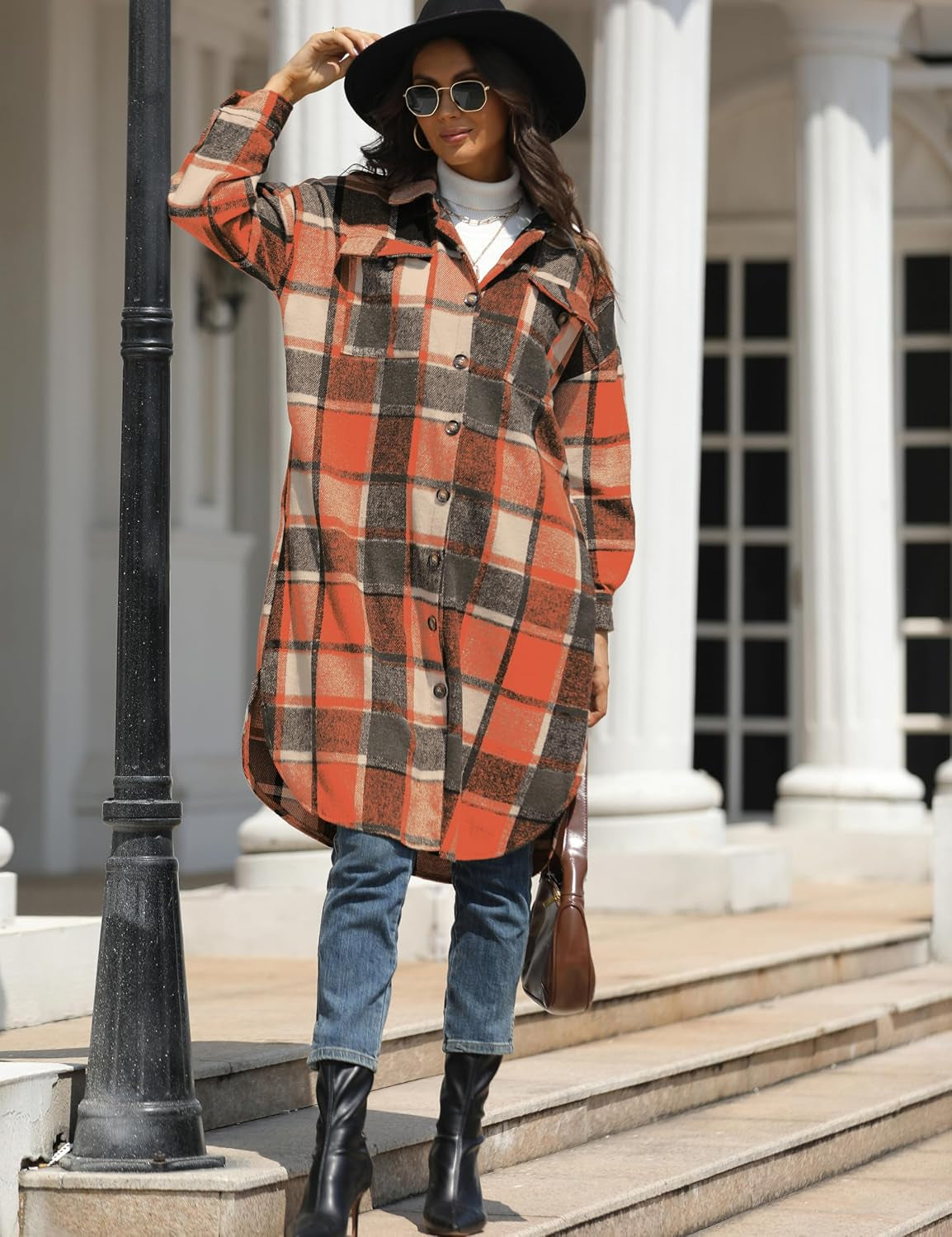 Women Oversized Plaid Shacket Long Fall Flannel Shirt Jacket