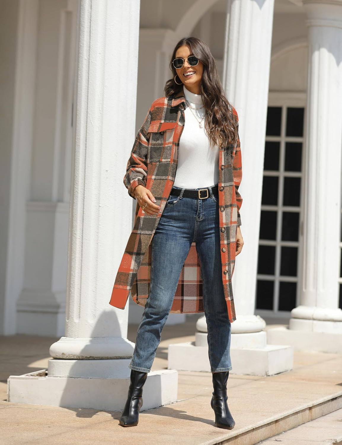 Women Oversized Plaid Shacket Long Fall Flannel Shirt Jacket