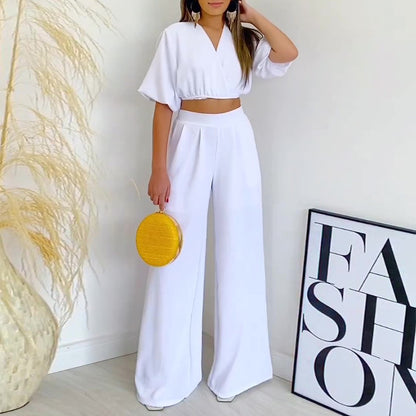 💎 Chic V-Neck Wrap Top & Wide-Leg Pants Set