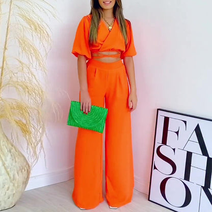 💎 Chic V-Neck Wrap Top & Wide-Leg Pants Set