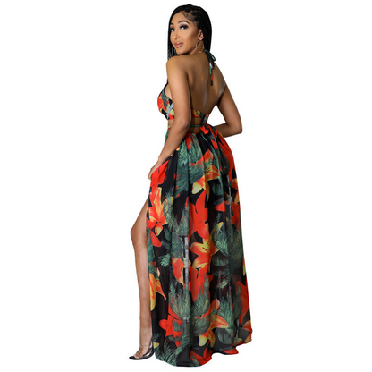 💎 Tropical Bloom Halter Maxi Dress