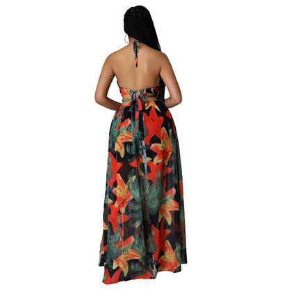 💎 Tropical Bloom Halter Maxi Dress