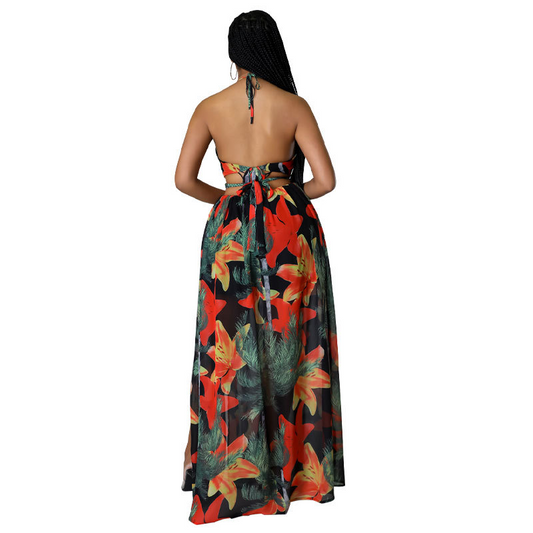💎 Tropical Bloom Halter Maxi Dress