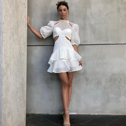 💎 Bella Romance Puff Sleeve Lace Ruffle Dress