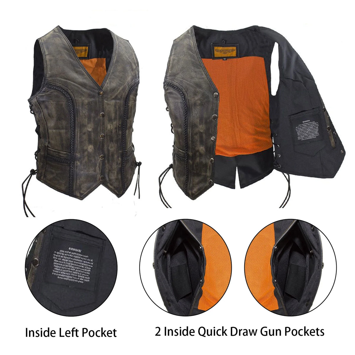 Womens Motorcycle Vest Black Genuine Leather Vests for Ladies Biker Riding Slim Vest with Braid and Side Laces