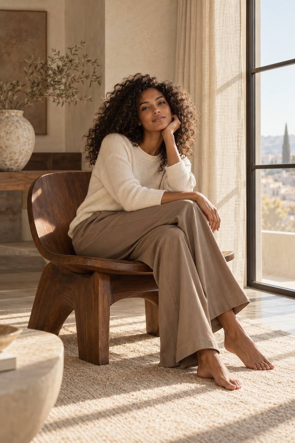 Lifestyle editorial: neutral knitwear by a sunlit window