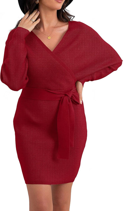 Women'S V Neck Batwing Long Sleeve Sexy Backless Wrap Bodycon Cocktail Pullover Sweater Mini Dress with Belt
